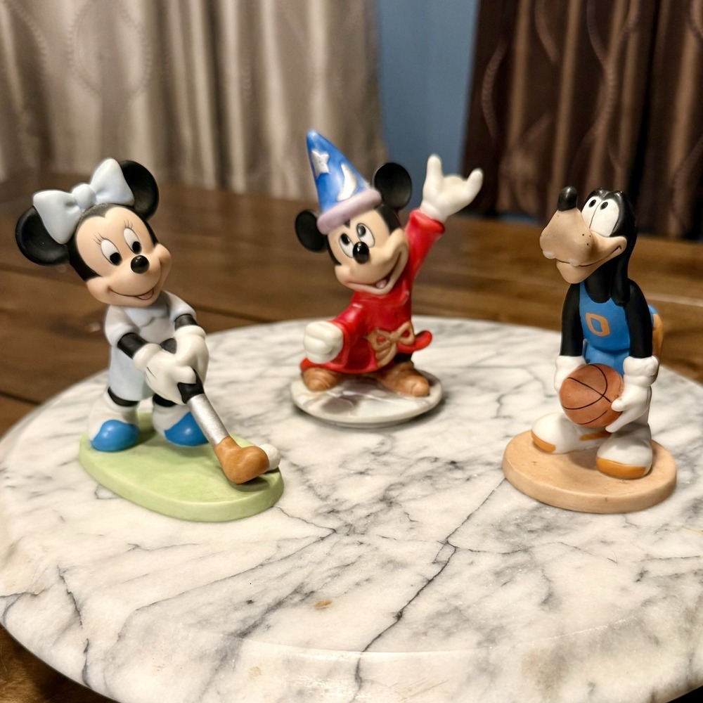 3pc VTG Disney Porcelain 4" Figure Fantasia Mickey Golf Minnie Basketball Goofy‎